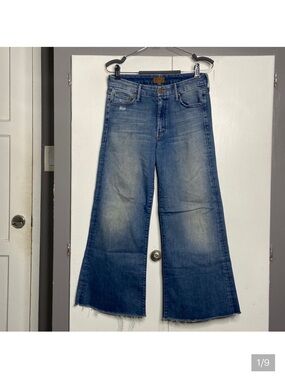 MOTHER Medium Blue Wide-Leg Frayed Hem Jeans